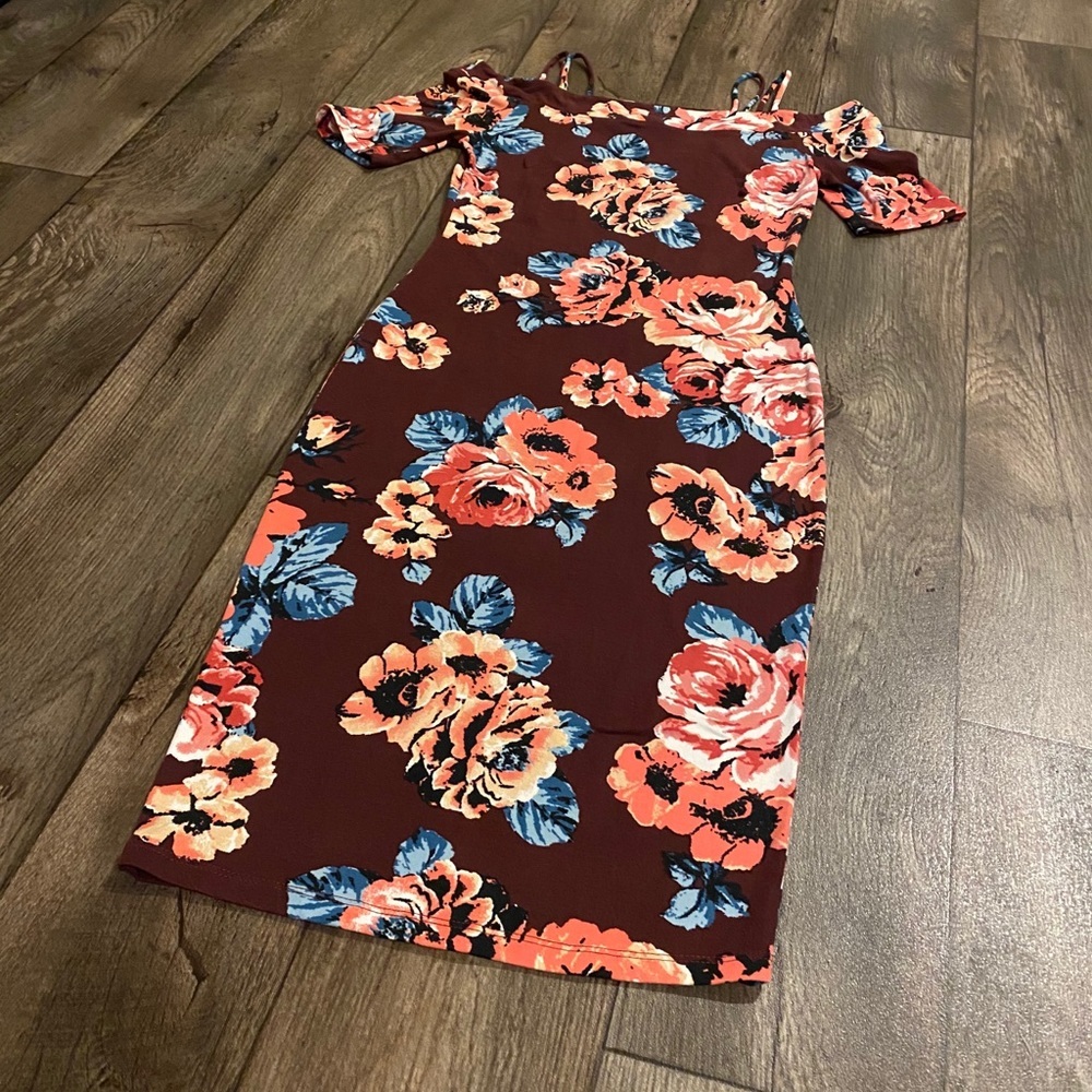 ADC Floral Off Shoulder Bodycon Midi Dress Small Maroon Pink Blue - Picture 4 of 5